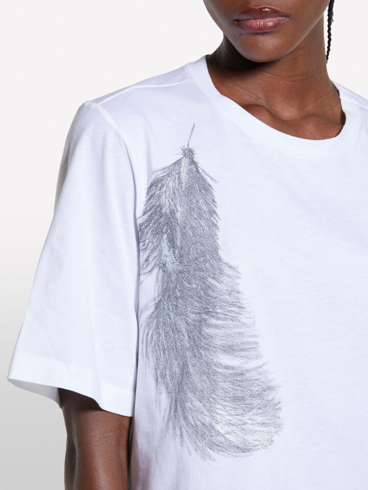 White t-shirt with feather print - women's short sleeve t-shirts - White | Sisley image number 5